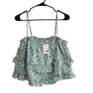 Idem Ditto Medium Blue Green Floral Ruffle Tube Top Crop Straps NEW Cottagecore